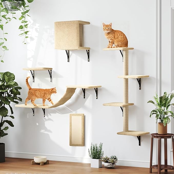 COZIWOW 5-Piece Cat Tree Set with Wall Mounted Cat Shelves, Cat Scratching Post & Cat Wall Furniture, Multi-Functional Indoor Cat Jungle Gym, Essential for Cat Room, Suitable for Large Cats(Beige)