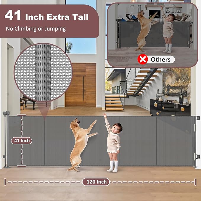 Reinforced 41" Extra Tall Pet Gate 120" Extra Wide Baby Gates for Large Openings, Extra Tall Retractable Baby Gates with Support Rods, Indoor Outdoor Large Dog Gate, Gray