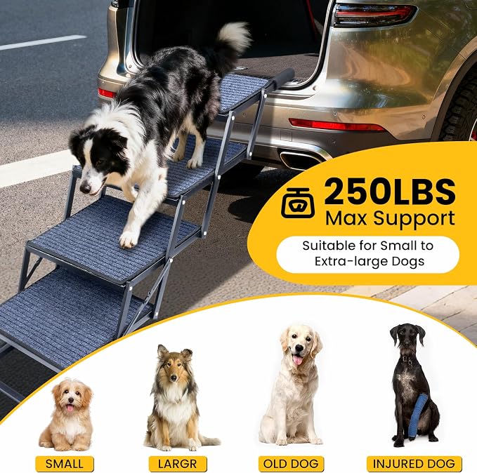 Dog Stairs for Large Dogs, Extra Wide Dog Ramp for Car with Non-Slip Surface, Foldable Pet Steps for Cars, SUV, Truck, RV, Supports up to 200 lbs, 4 Steps