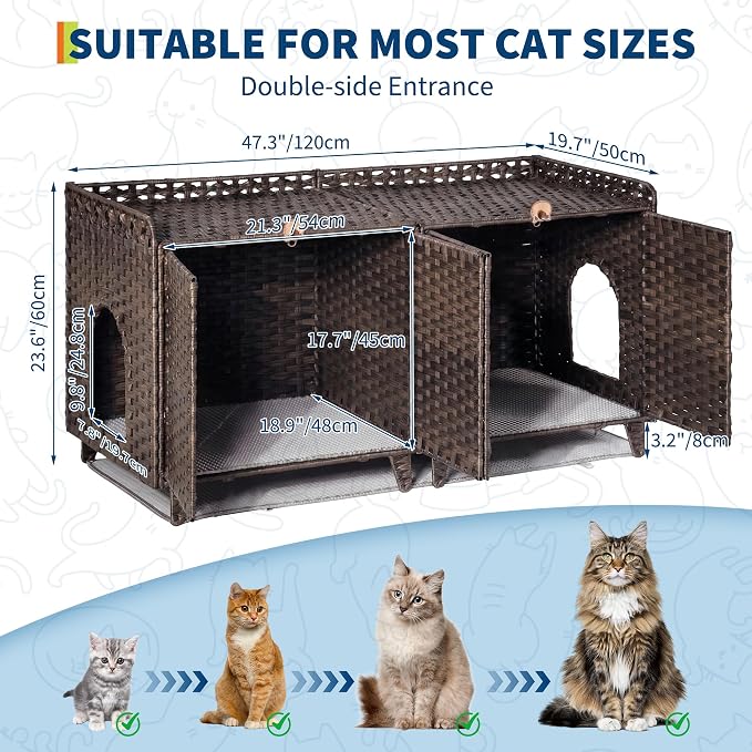 Rattan Litter Box Enclosure Double Room Cat Hidden Litterbox Furniture with Removable Litter Mat & 2 Hooks, Natural Cat House End Table, Easy Assembly, 47.2" l x 19.7" w x 23.6" h Brown