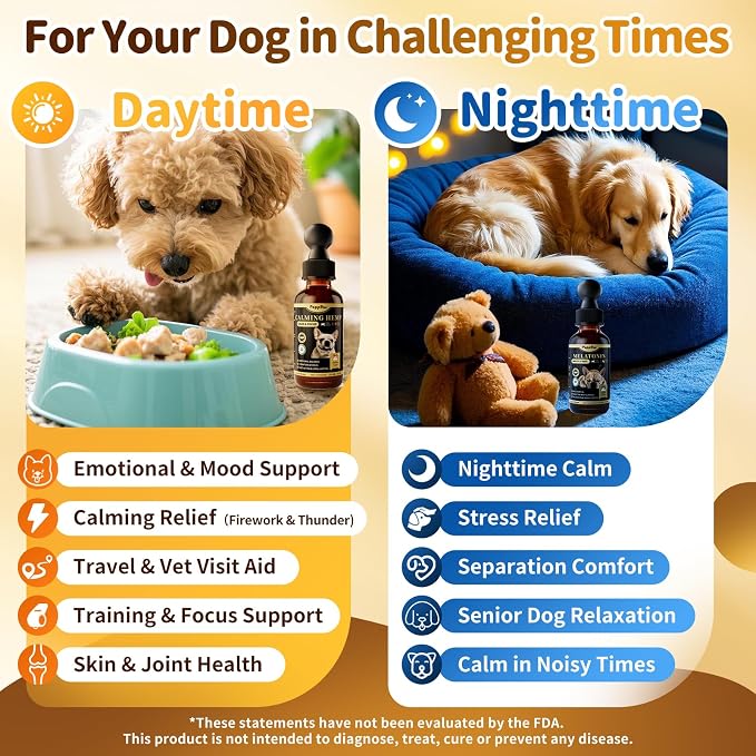 Dog Calming & Melatonin Drops, Day & Night Calm Support Set, Anxiety & Stress Support Calming Treat, Enhance Calmness & Sleep for Separation, Travel, Fireworks & Thunder, Chicken Flavor, 2 FL.Oz