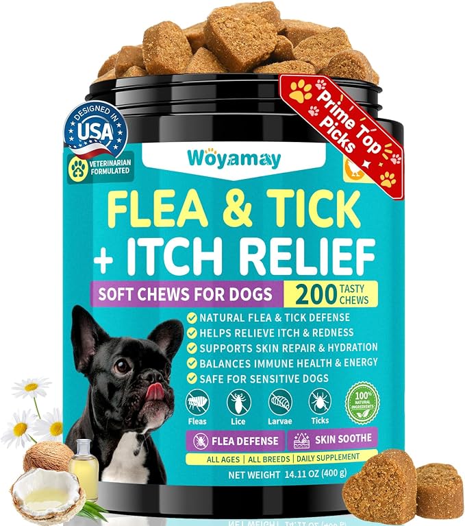 Woyamay Flea & Tick + Itch Relief for Dogs Chewables, Flea and Tick Prevention for Dogs, Dog Allergy Chews, Dog Itching Skin Relief & Skin Repair, Flea Treatment Dogs, 200 Soft Chews, Chicken Flavor