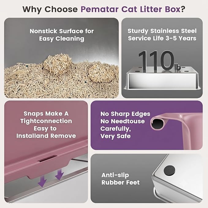 XXL Stainless Steel Cat Litter Box with Lid, 26" L x 18" W x 12" H Metal Litter Box with Hight Sides for Big Cats & Multiple Cats, Never Absorbs Odors, Anti-Urine Leakage, Easy Cleanin(Pink)