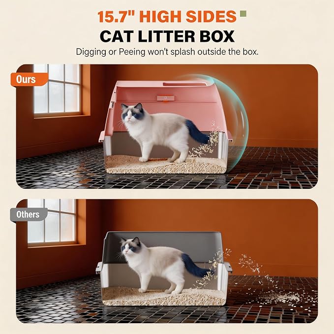 Stainless Steel Litter Box with Lid, Extra Large Enclosed Cat Litter Pan for Big Cats, High Sided Metal Litter Box with Enclosure, Front & Top Entry, Easy Clean, Anti-Leakage, Includes Scoop, Pink