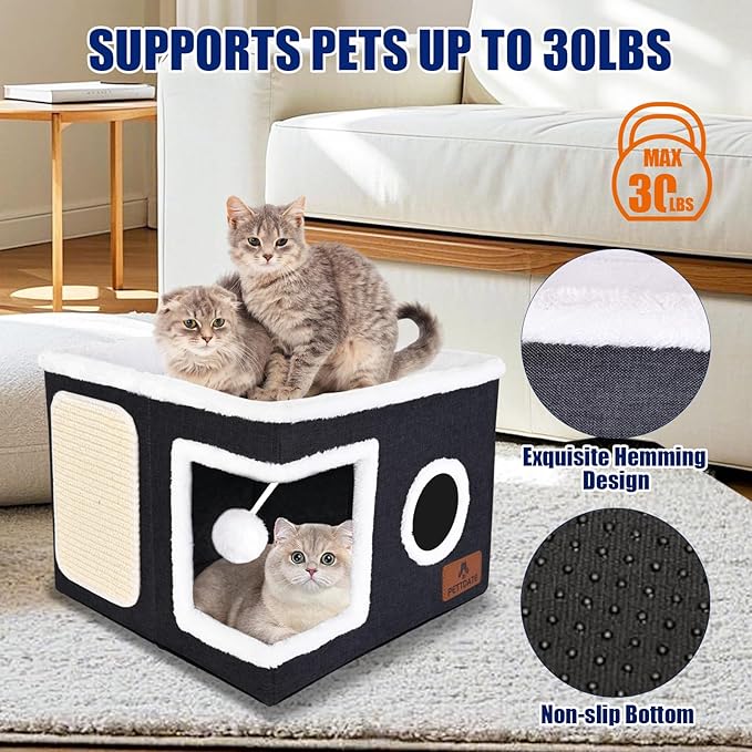 Cat Beds for Indoor Cats, Large Cat Cave Bed with Scratch Pad and Fluffy Ball, Foldable Cat Hideaway, Cat House with Reversible Cushion for Multi Small Pet Up to 30LBS, Dark Grey
