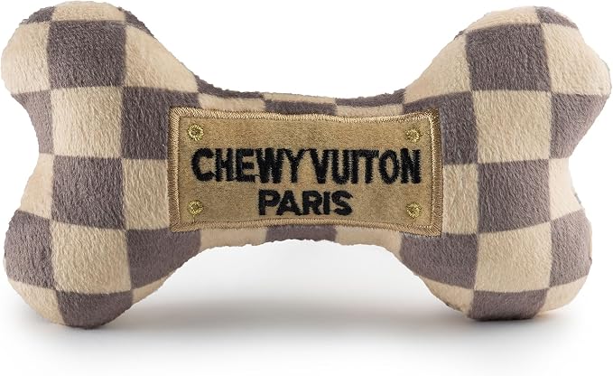 Haute Diggity Dog Chewy Vuiton Bone Plush Squeaky Dog Toy, Soft Durable Designer-Inspired Stuffed Puppy Chew Toys for Small & Medium Dogs, Machine-Washable (Tan Checker) Large