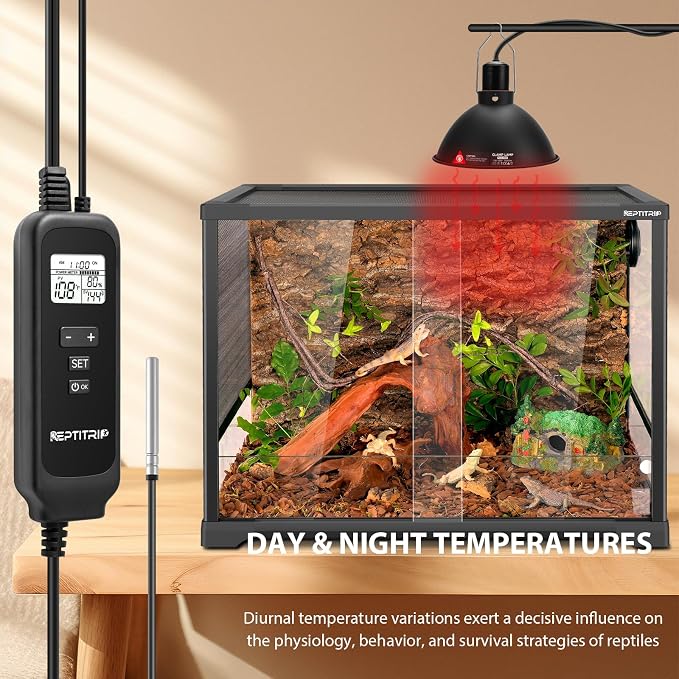 REPTITRIP 8.5 Inch Reptile Heat Lamp Fixture with PID Thermostat & 150W Ceramic Heat Emitter (Non-Light Emitting), Independent Day & Night Temperatures, Lampshade MAX 150W