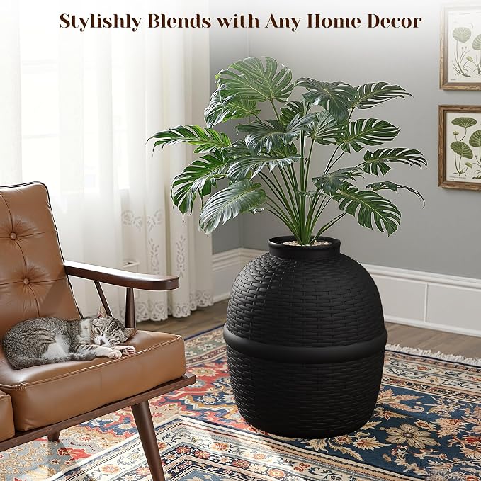 FansaFurn Hidden Litter Box with Faux Plant, Large Cat Litter Box with Rattan Pattern, Heavy Duty PP Material Litter Box Enclosure Furniture for Home Decor, Black