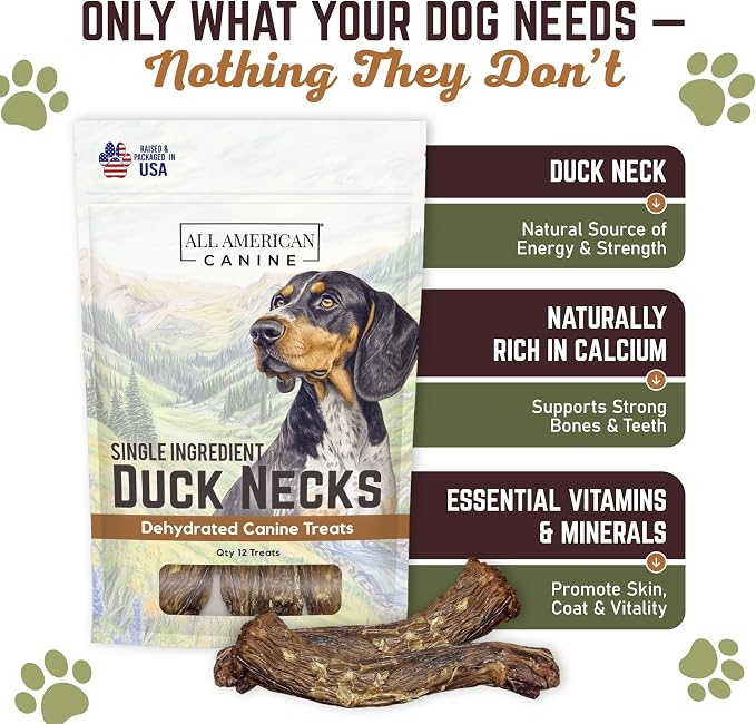 All American Canine 50 Natural Duck Neck Dog Treats – Single Ingredient, Dehydrated & Chewy – Low-Fat, High-Protein Training Reward – Made in USA