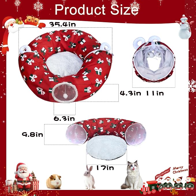 Cat Tunnel Bed Under Christmas Tree 3FT x 3FT x 9.8IN - Decorative Christmas Style with Box Patterns - Red Color Perfect for Festive Felines Small Animals