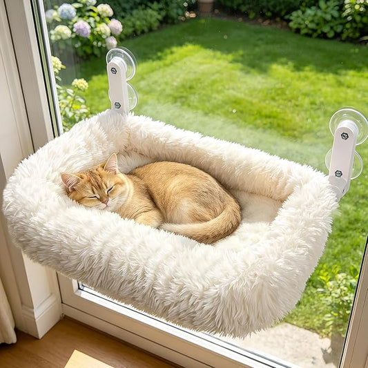 Zoratoo Cloud-Snuggle Cat Window Perch with 4-Sided Ultra-Thick & Fluffy Plush Cushion Bed, Foldable Cordless Cat Window Hammock for Window with Sturdy Metal Frame for Large Cats and Kittens (M,White)