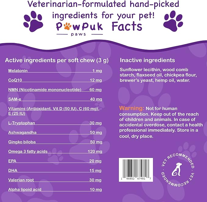 Calming & Cognition Supplement for Dogs, Melatonin SAM-E NMN & CoQ10 - Cognition Supp., Valerian Root Ashwagandha Gingo Biloba - Calming Natural Ingredients, Brain Function