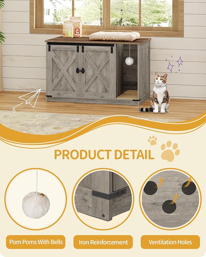 Hzuaneri Cat Litter Box Enclosure, Hidden Litter Box Cabinet Furniture with Bell, Indoor Cats House, Farmhouse Style, 39.4 x 21.7X 24.8 Inches, for Hallway, Bedroom, Greige CB85205X