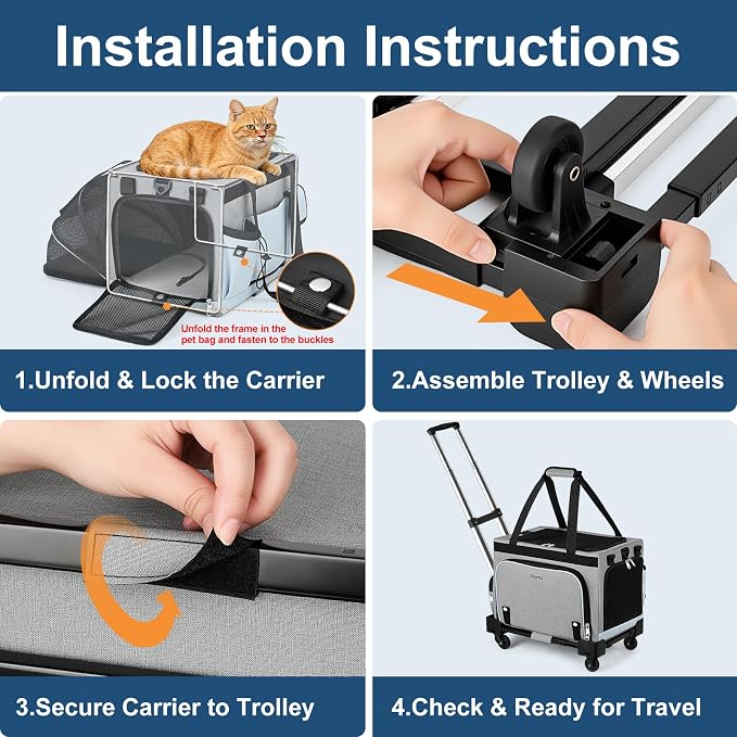 Pet Carrier with Wheels for Cats & Small Dogs, Airline Approved Cat Carrier, Expandable Soft Sided Pet Travel Carrier with Removable Trolley, Mesh Ventilation, Includes Water Bottle & Collapsible Bowl
