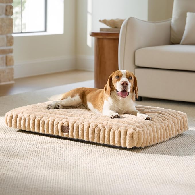 Bedsure ComfyFleece™ Plush Dog Beds Large Sized Dog, Crate Bed for Balanced Support, Cute Chopped Foam Pillow Pad with Removable Washable Cover, Non-Slip Waterproof Cozy Pet Mat, 35"x22", Sandy Beige