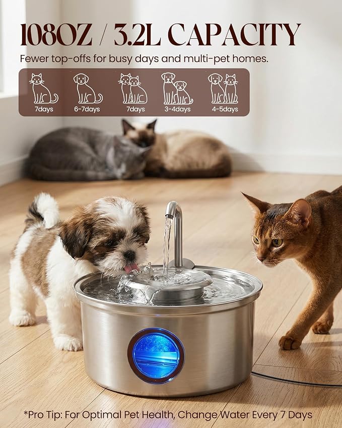 Cat Water Fountain Stainless Steel - 108oz/3.2L Ultra-Quiet Cat Fountain for Drinking with Removable Water Bowl, Kitty Spout Fountain with 3 Filters Supplies for Cats, Small Dogs, Multiple Pets