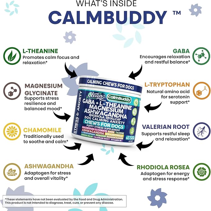 CalmBuddy Anxiety and Stress Relief Supplements GABA L-Theanine Magnesium Ashwagandha Rhodiola Rosea Chamomile L-Tryptophan Skullcap Taurine Valerian Root 60 Beef Flavor Chew By Clean Nutra Pets