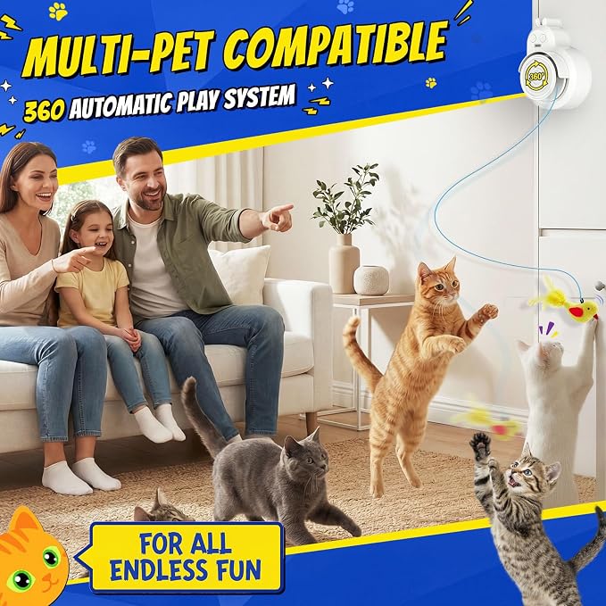 Interactive Cat Toys for Indoor Cats - Automatic Flying Bird Feather & Mouse Wand Enrichment Toy, Hands-Free or Handheld USB-Rechargeable Safe Play Chase Exercise for Bored Kittens and Adult Cats