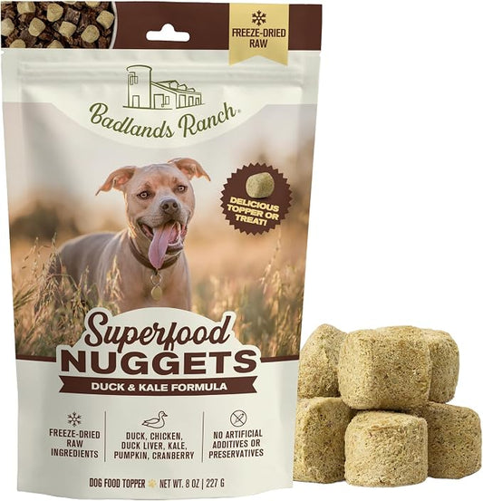 BADLANDS RANCH Superfood Nuggets – Freeze-Dried Raw Dog Treat & Food Topper, Nutrient-Dense Duck & Kale Formula, High Protein, No Artificial Additives, 8oz Bag