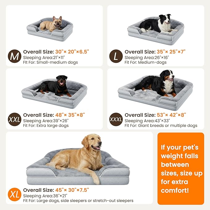Orthopedic Dog Bed for Small Medium Dogs, 30 x 20 Inch Waterproof Egg Crate Foam Medium Dog Couch Bed with Sides, Washable Removable Cover, Non Slip Bottom, Light Grey