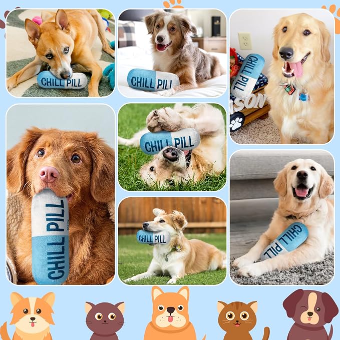 CUweipeng Squeaky Dog Chew Toy - Blue Chill Pill Capsule Teething Funny Small Dog Squeaky Soft Plush Pet Toy Bite Kick Indoor Interactive Training Play Present Pet Lover Gift Photo Prop Keep Them Busy
