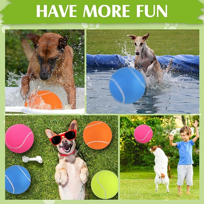 Leyndo 4 Pcs Inflatable Giant Tennis/Soccer Balls for Dogs with Pump Needle 9.5 Inch Jumbo Rubber Outdoor Indoor Interactive Large Dog Ball for Pet Training(Multicolor,Tennis)