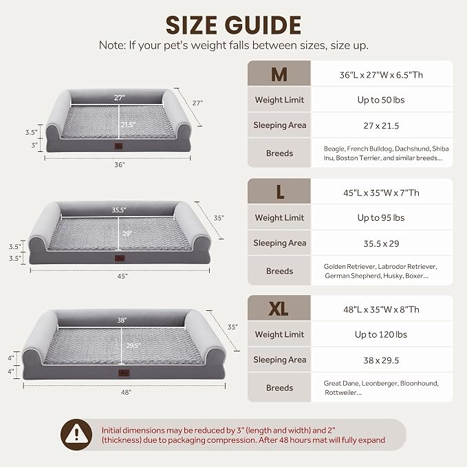 Large Dog Beds Large Sized Dogs 45x35x7 Inch, Orthopedic XXL XL Dog Bed for Medium Size Dogs, Big Waterproof Couch Sofa with Removable Washable Cover for Pet, Light Grey