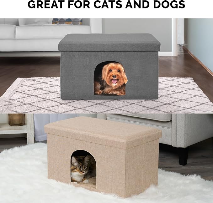 Furhaven Pet House for Indoor Cats & Medium/Small Dogs, Collapsible & Foldable w/Plush Ball Toy - Living Room Ottoman Cat Condo - Sand, Large