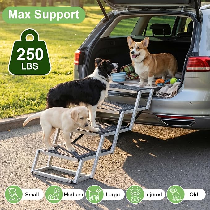 Dog Stairs for Car - Folding Dog Ramp 17" Wide, Portable & Lightweight Dog Steps with Non-Slip Surface & Aluminum Frame, Pet Stairs Supports up to 250 lbs, 4 Steps