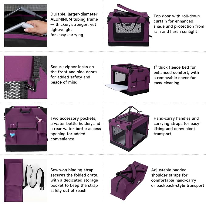 EliteField 4-Door Folding Soft Dog Crate (2-Year Warranty) with Aluminum Frame, Top Curtain, Carrying Bag, and Fleece Bed, Indoor & Outdoor Pet Home (42" L x 31" W x 32" H, Purple)