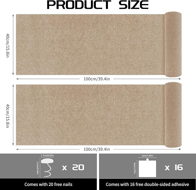 2 Pcs Total 78.8"x15.8" Cat Scratch Mat, Cat Scratch Couch Furniture Protector, Trimmable Self-Adhesive Cats Scratch Pads, DIY Cat Scratcher for Wall Protector and Covering Cat Tower (Khaki)