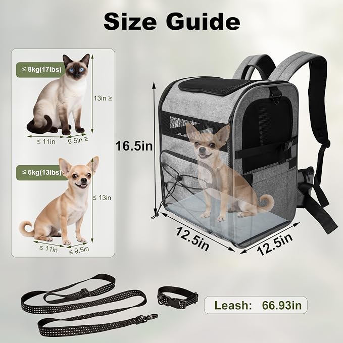 Dog Carrier Backpack for Small Dogs - Breathable Mesh Hiking Bag with Safety Buckle, Adjustable Straps and Standard Pad - Durable for Hiking (Fits Small Cats Too, Up to 17lbs, Gray)