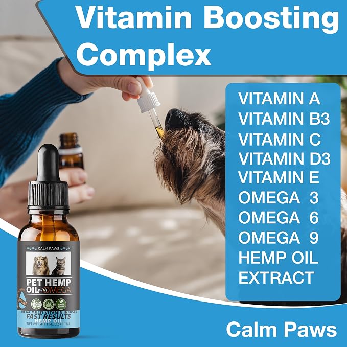 Calm Paws Hemp Oil for Dogs & Cats - Dog Calming Oil, Cat Muscle & Immune Support Oil - Anxiety & Pain Relief Pet Hemp Oil for Stress, Joint & Pain Support - 1 oz Amber Bottle with Silicone Dropper