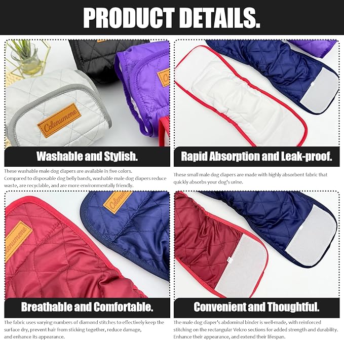 Washable Reusable Dog Diaper, Belly Bands for Male Dogs, Quilted Ultra-Absorbent Leak-Proof Wraps for Training & Incontinence(Dark Blue-L)
