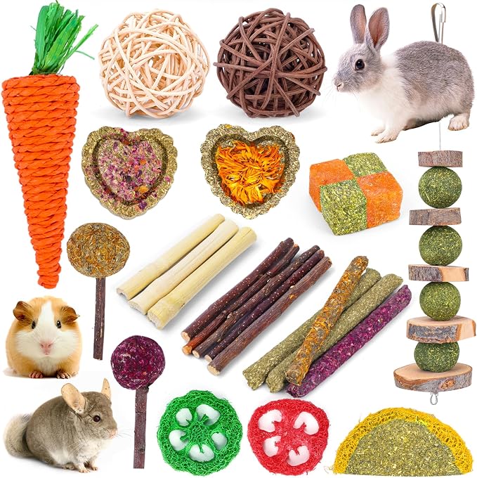 VESPRO Bunny Teys for Rabbits Hamster/Guinea Pig Toys Natural Timothy Hay Sticks chew Treats and Balls for Rabbit, Bunny, chinehila, Guirea Pig, Hamster, Rabbit Teeth Care