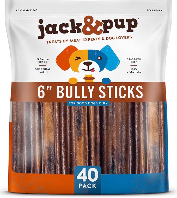 Jack&Pup 6-inch Bully Sticks for Dogs (40 Pack) Thick Pizzle Sticks | Long Lasting, Single Ingredient Chew Treat for Medium Dogs