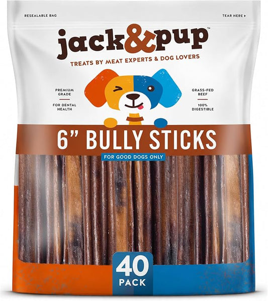 Jack&Pup 6-inch Bully Sticks for Dogs (40 Pack) Thick Pizzle Sticks | Long Lasting, Single Ingredient Chew Treat for Medium Dogs