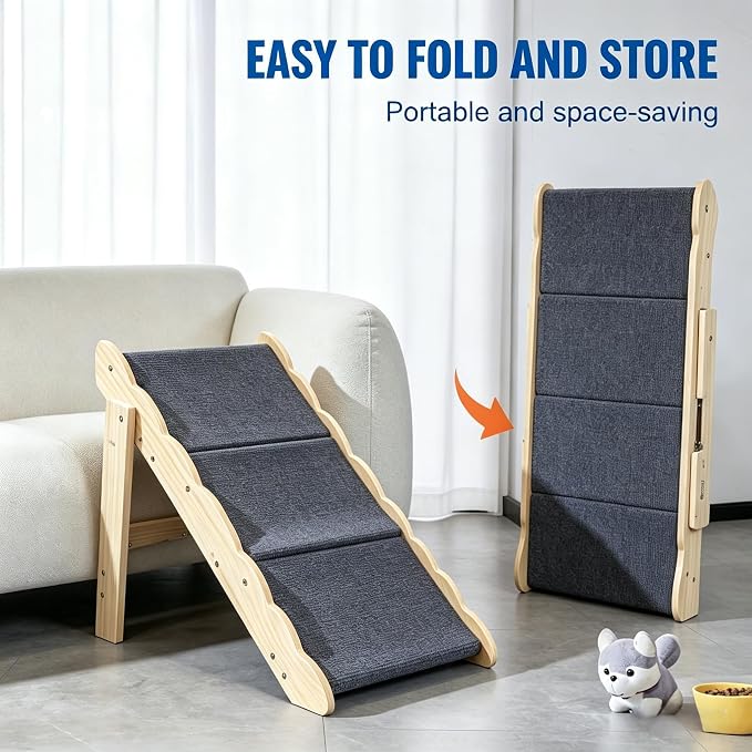Wooden Dog Stairs, 2-in-1 Floded Flat Design Dog Steps for Beds Cars Couch, Anti-Slip Pet Ramp with 4 Steps, Indoor Pet Stairs for Small Medium Large Pet, up to 150 lbs
