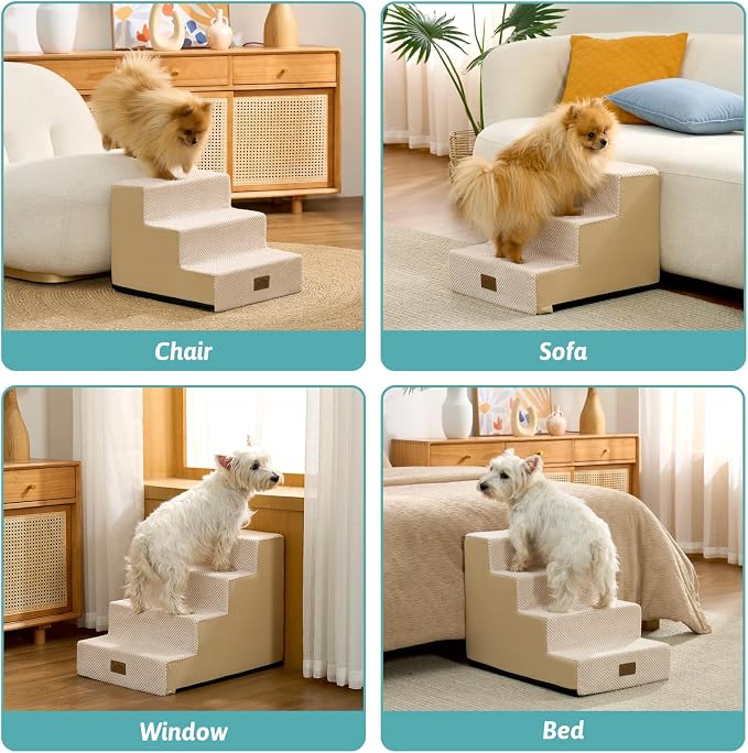 COZY KISS Dog Stairs for Small Dogs, 4 Tier Pet Stairs for Couch and Beds, 17.7" H Non-Slip Dog Steps for Old Cats, Puppy, Small Medium Dogs, 15.7x23.6x17.7 inch, Beige