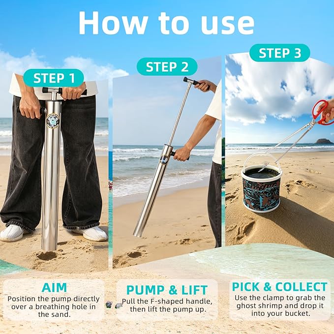 2026 6pcs V4 Upgrade Ghost Shrimp Pump Kit - 32in Stainless Steel Sand Vacuum for Fishing, F-Shape Grip Beach Extractor for Ghost Shrimp Bucket Kit with Gloves & Clamp
