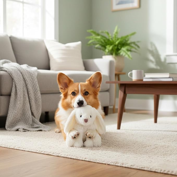 Calming Plush Dog Toy with Squeaker, Ultra-Soft Floppy Cuddle Companion, Coconut Scented, Bunny, Small, 7.9”