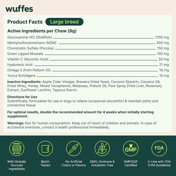 Wuffes Advanced Dog Hip and Joint Supplement with Glucosamine, Chondroitin, Omega 3, MSM, and Green Lipped Mussel, (Pack of 2, Small & Large Breed)
