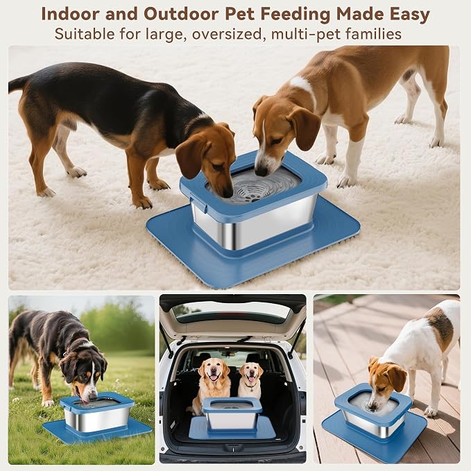 10L No Spill Dog Water Bowl, 2.6 Gal Stainless Steel No Splash Large Dog Water Bowl with Non-Slip Silicone Mat, Spill Proof Slow Drinking Pet Bowls for Messy Drinkers Indoor/Outdoor Use Blue