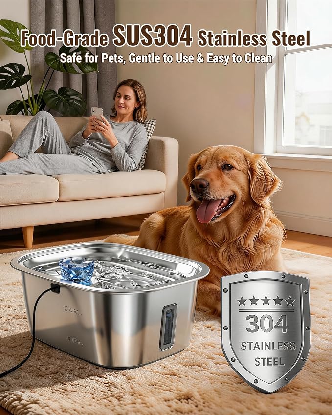 PETNF 3-Gallon Stainless Steel Dog Water Fountain for Large Dogs, Dog Water Bowl Dispenser with 4 Filters, Visible Water Window, Quiet Pump & LED Low-Water Indicator