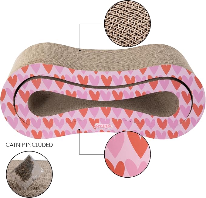 Suvi 26" Modern Cardboard Infinity 2-in-1 Lounge Bed Cat Scratcher with Catnip, Red Hearts, Corrugated Scratching Surface and Tunnel for Indoor Cats CSR1014H