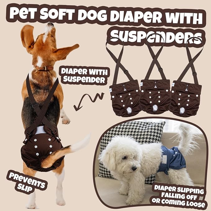 Pet Soft Dog Diapers Female with Suspenders, 3 Pack Reusable Female Dog Diapers for Heat, Dog Period Panties for Doggie in Cycle(Small, Bear Brown)