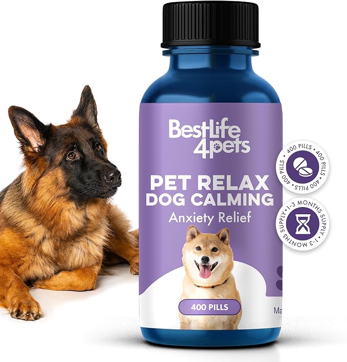 Pet Relax Dog Calming Anxiety Relief, Long-Lasting Dog Relaxants for Stress Relief, Natural Solution for Separation Anxiety, Travel, Thunderstorms, and Fireworks, 400 Odorless, Tasteless Pills