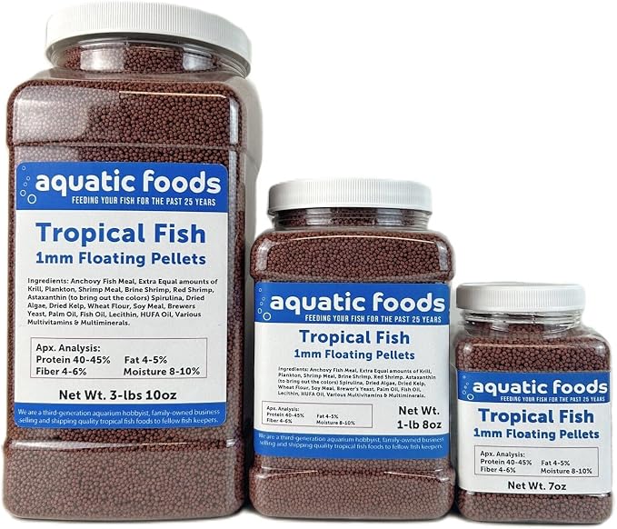 Tropical Fish 1mm - 1/32" Floating 40% Protein Pellets for Discus, Cichlids, Bettas, Guppies, Tetras, Live Bearers, Baby Koi, Smaller Tropical and Pond Fish...WL 7oz Sm Jar