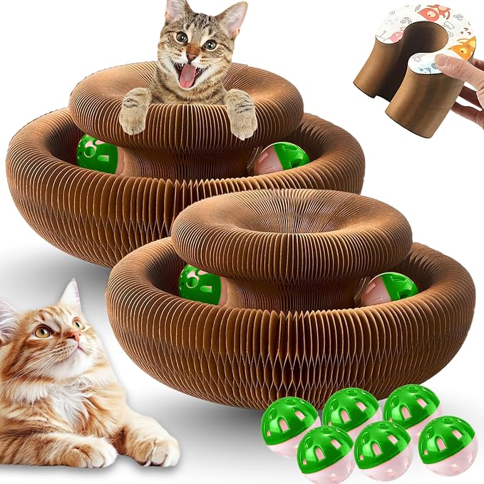 Kitty Kurlz Cat Scratcher Toy - Reversible Magic Organ Foldable Accordion Honeycomb Cardboard Scratching Board with Bell Ball, Interactive Anxiety Relief Exercise Toy for Indoor Cats (2PCS)