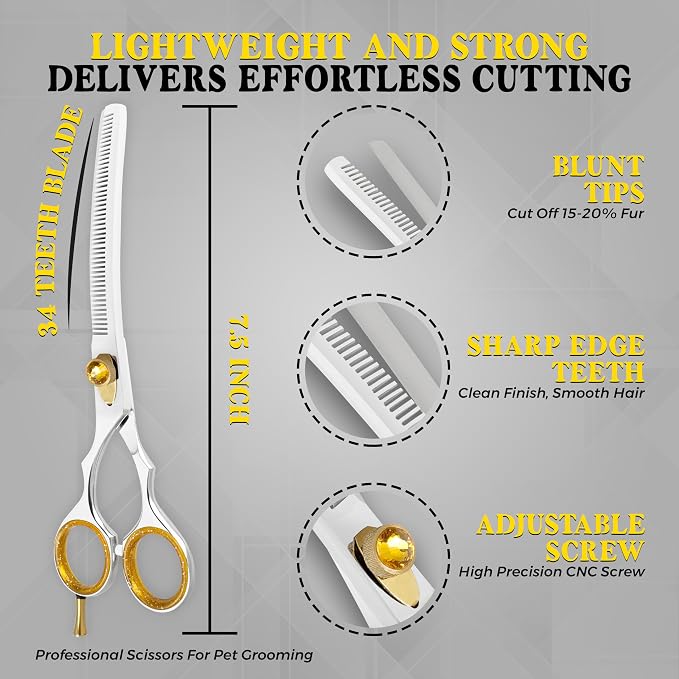 7.5” Curved Thinning Shears for Dogs and Cats – 34 Tooth Professional Pet Grooming Scissors – Smooth, Quiet Blending Shears for Face, Ears, Chest and Legs, Ergonomic Design for Home and Pro Use
